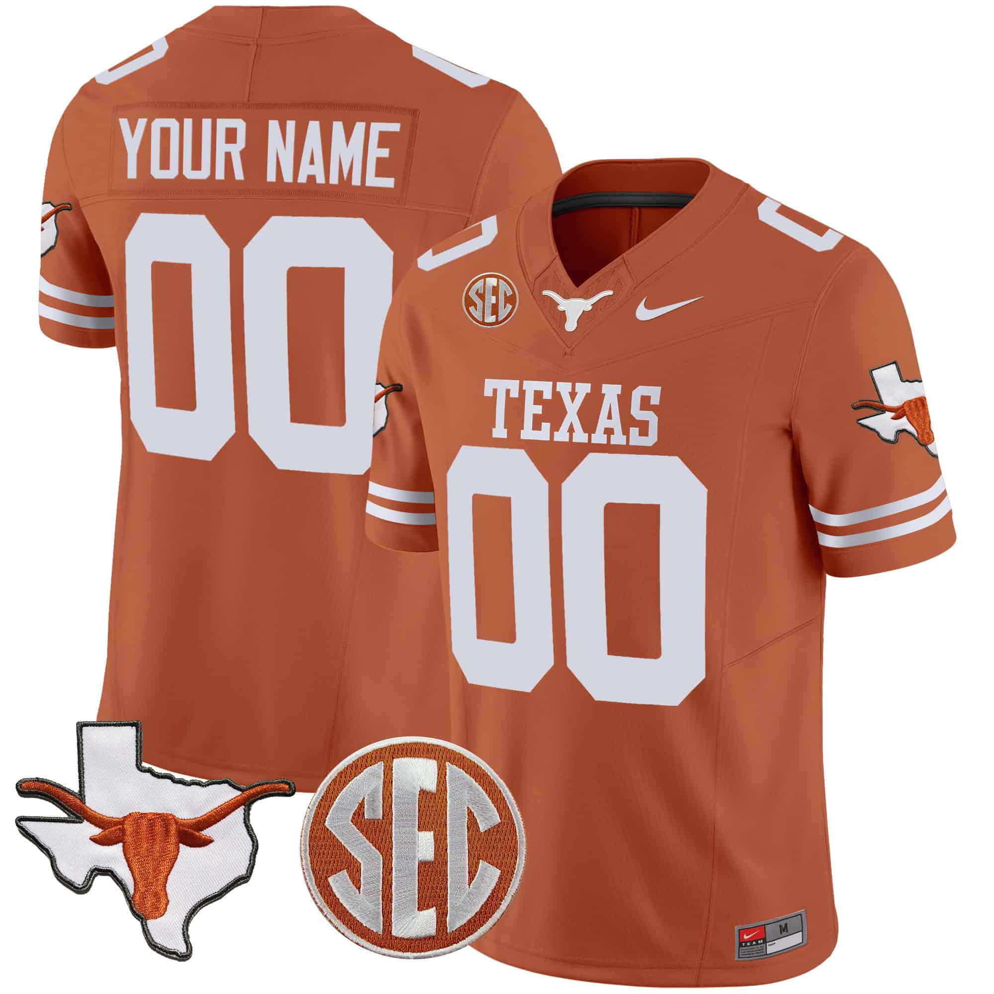 Men Texas Longhorns Orange 2024 Nike State Map & SEC Patch Vapor Custom NCAA Jersey style 1